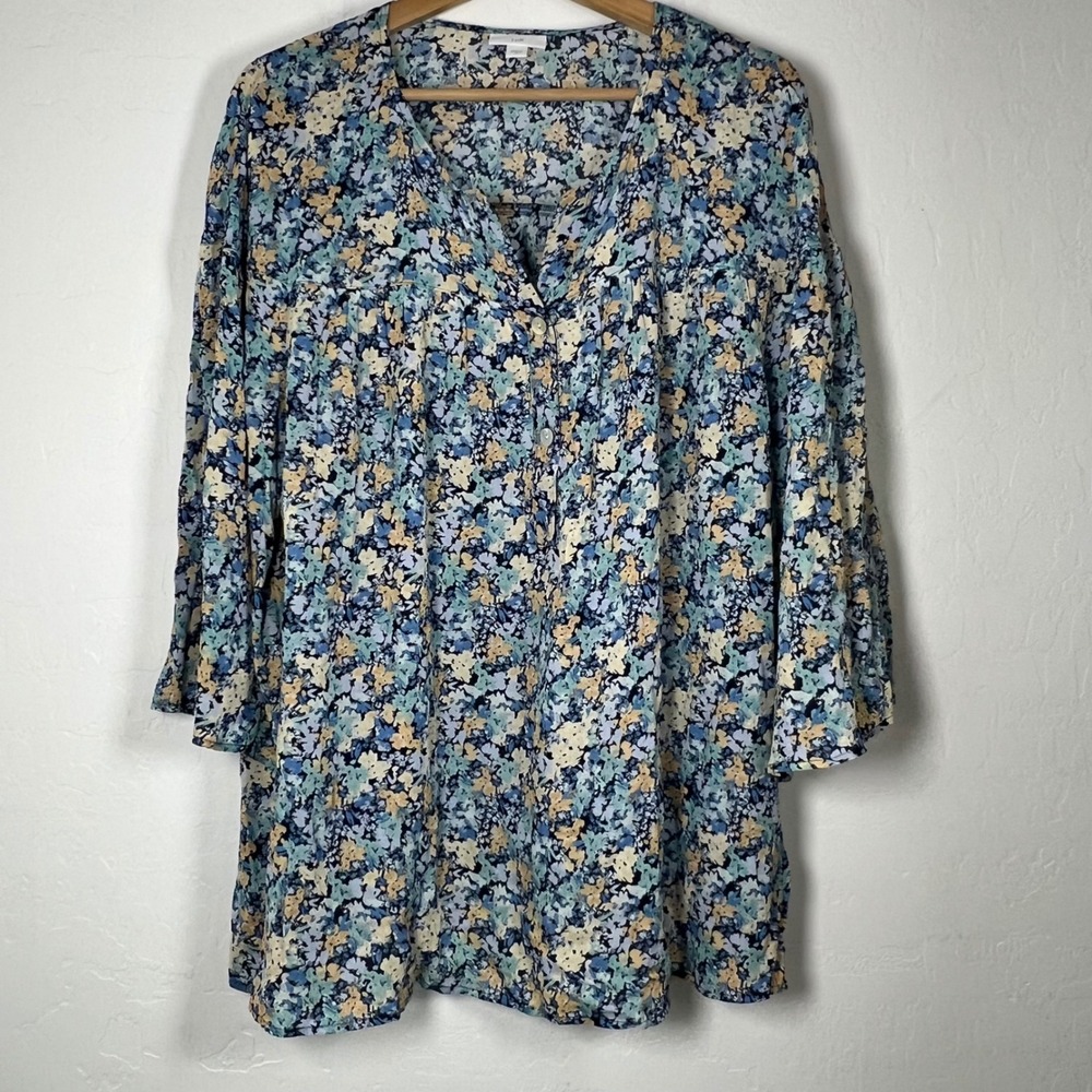 J. Jill Floral Tunic Top Blue Teal Yellow Bell Sleeve 3/4 size XL